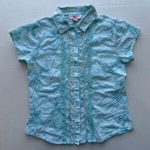 Woven Works Couture for Kids Light Aqua Cotton Embroidered Floral Shirt Size 16